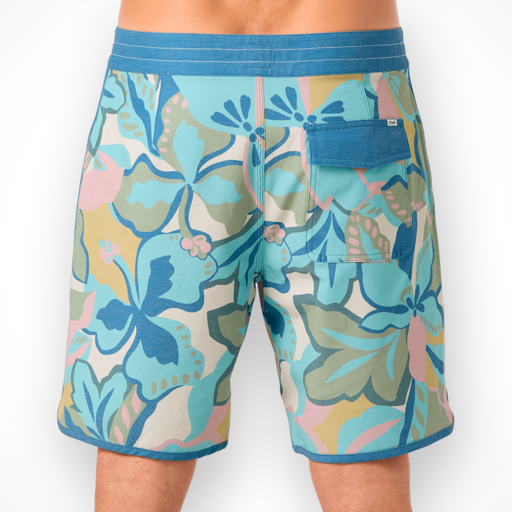 Product image: Oneil OG Print Scallop 18 inch Boardshort blue Fusion mens 2026, shown from the back.