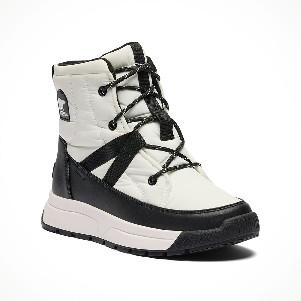 Product image: Sorel Whitney III Mid WP Sea Salt Black womens 2025, shown from a three-quarter angled view.